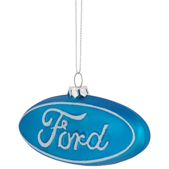 5" Glittered Blue & White Ford Logo Glass Ornament